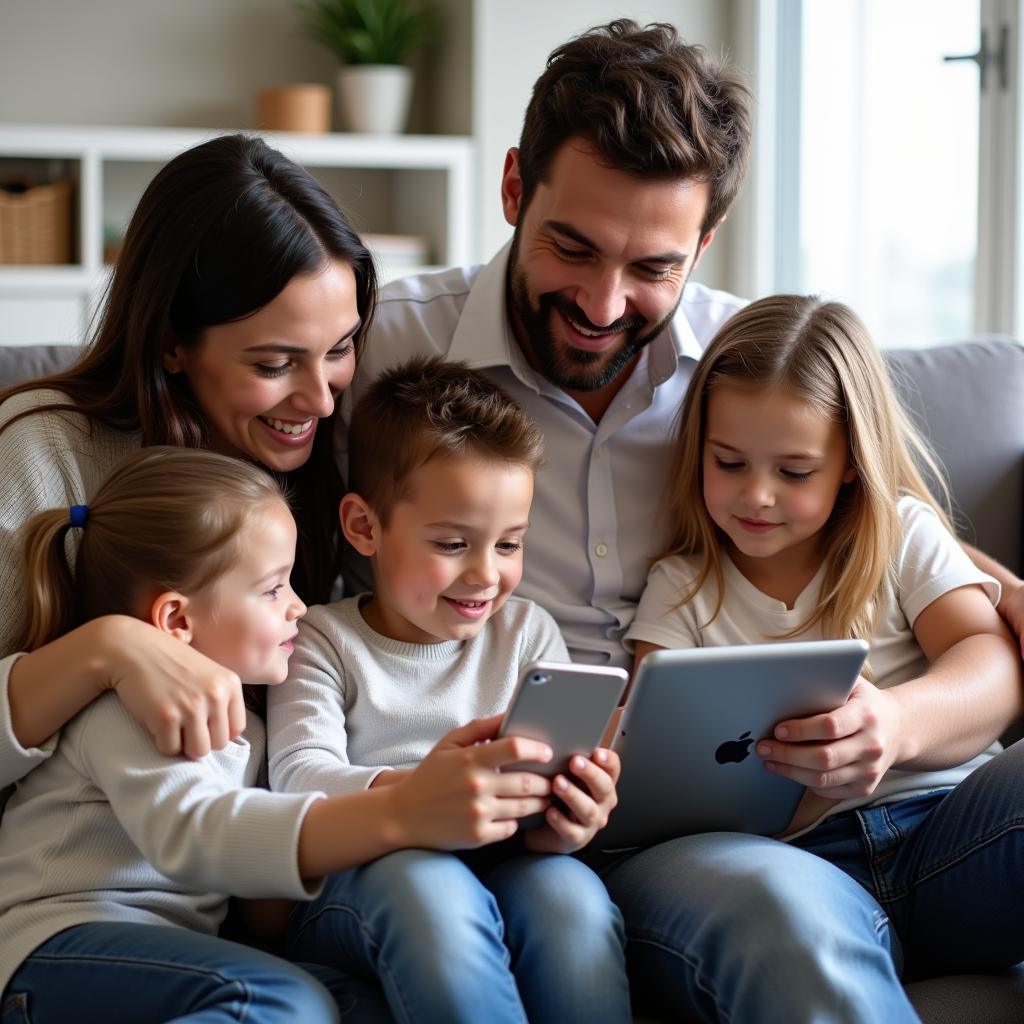 Family using technology together at home