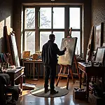 Famous artist painting in studio with easel and canvas