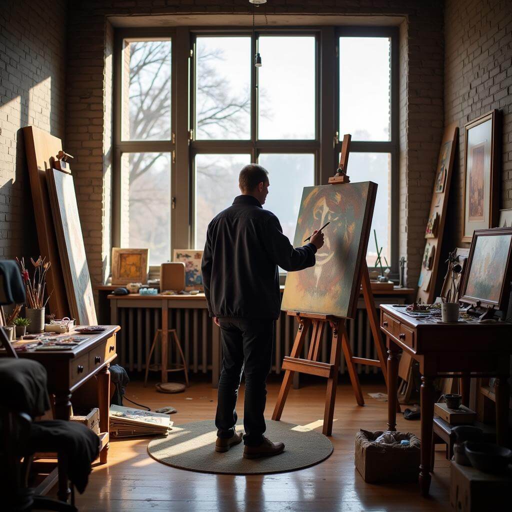 Famous artist painting in studio with easel and canvas