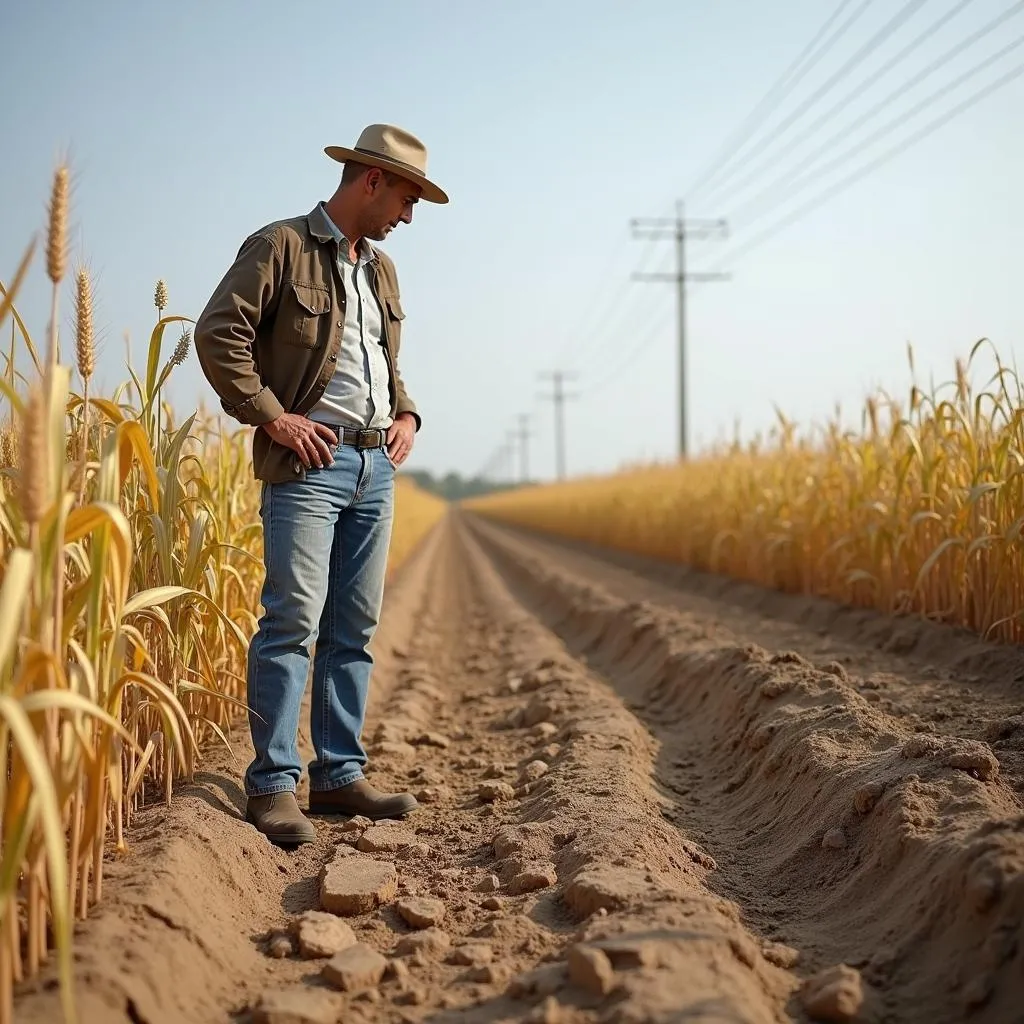 Farmer examining crop damage due to climate change