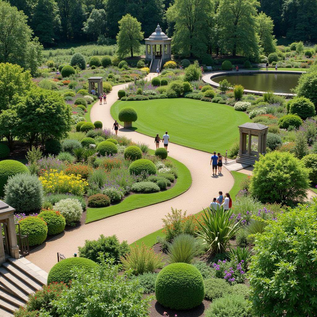 A beautiful botanical garden with diverse plants and walking paths