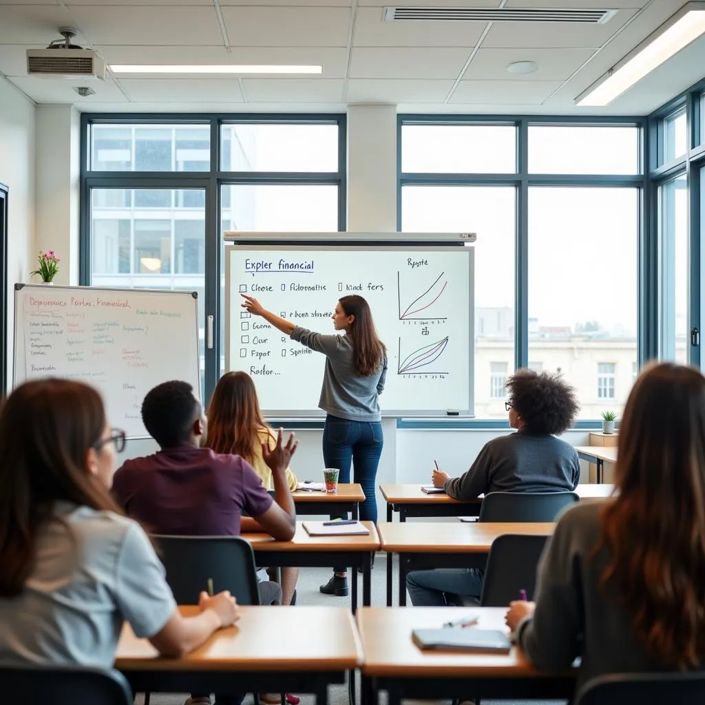 Students learning about finance in a classroom