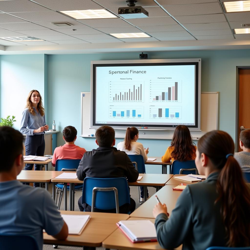 Students learning about financial literacy in a classroom