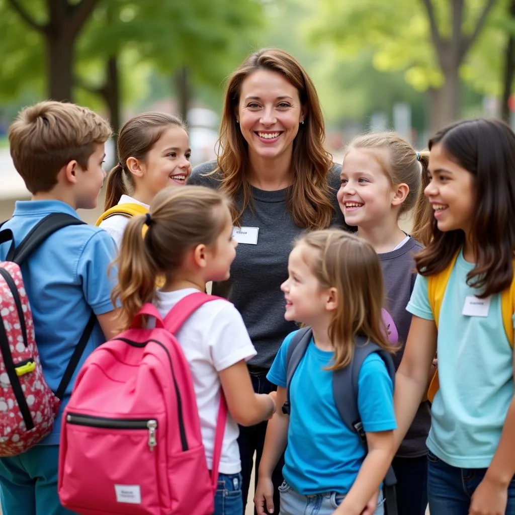 Children and teacher on first day of school