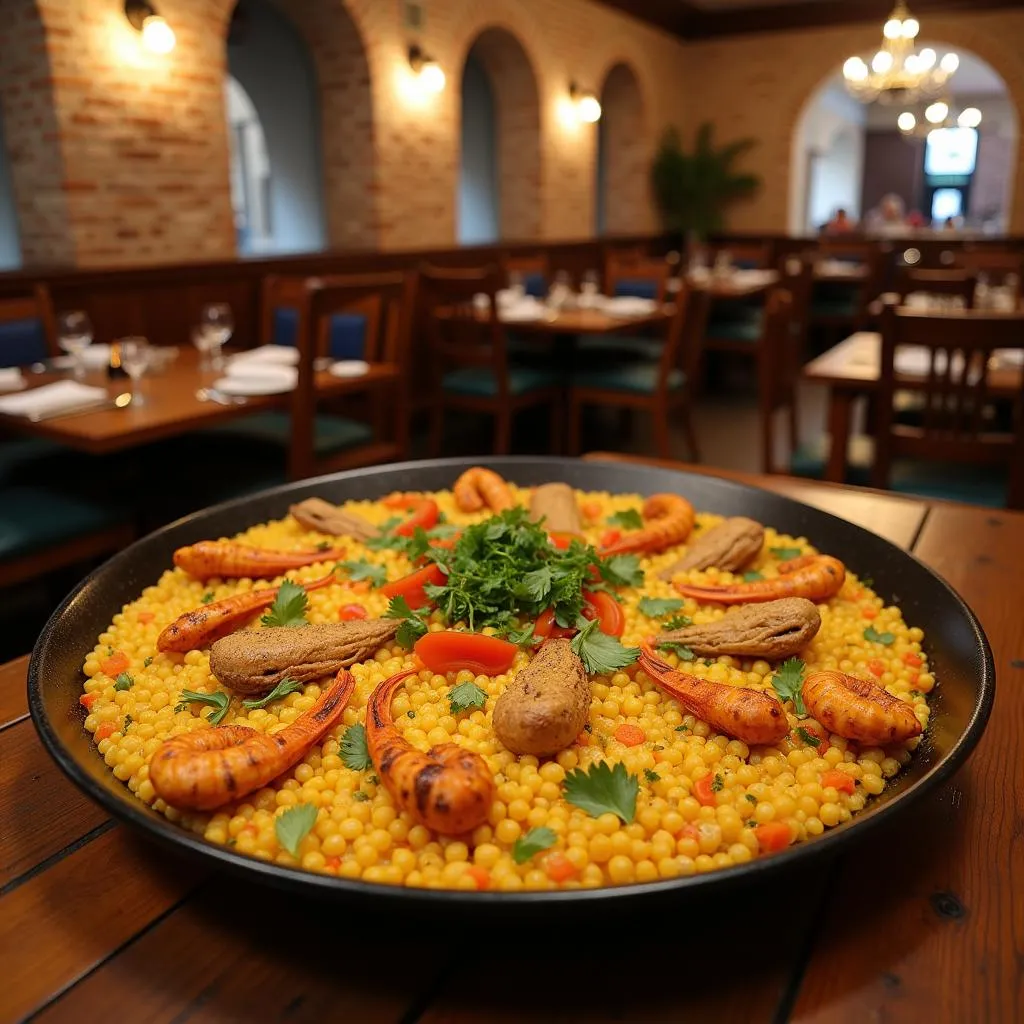 Colorful paella dish in a traditional Spanish restaurant