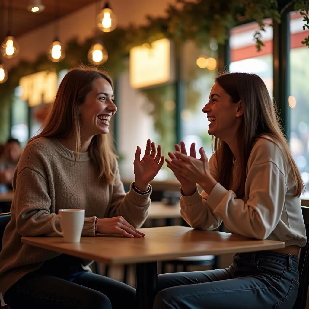 Friends laughing in cafe while storytelling