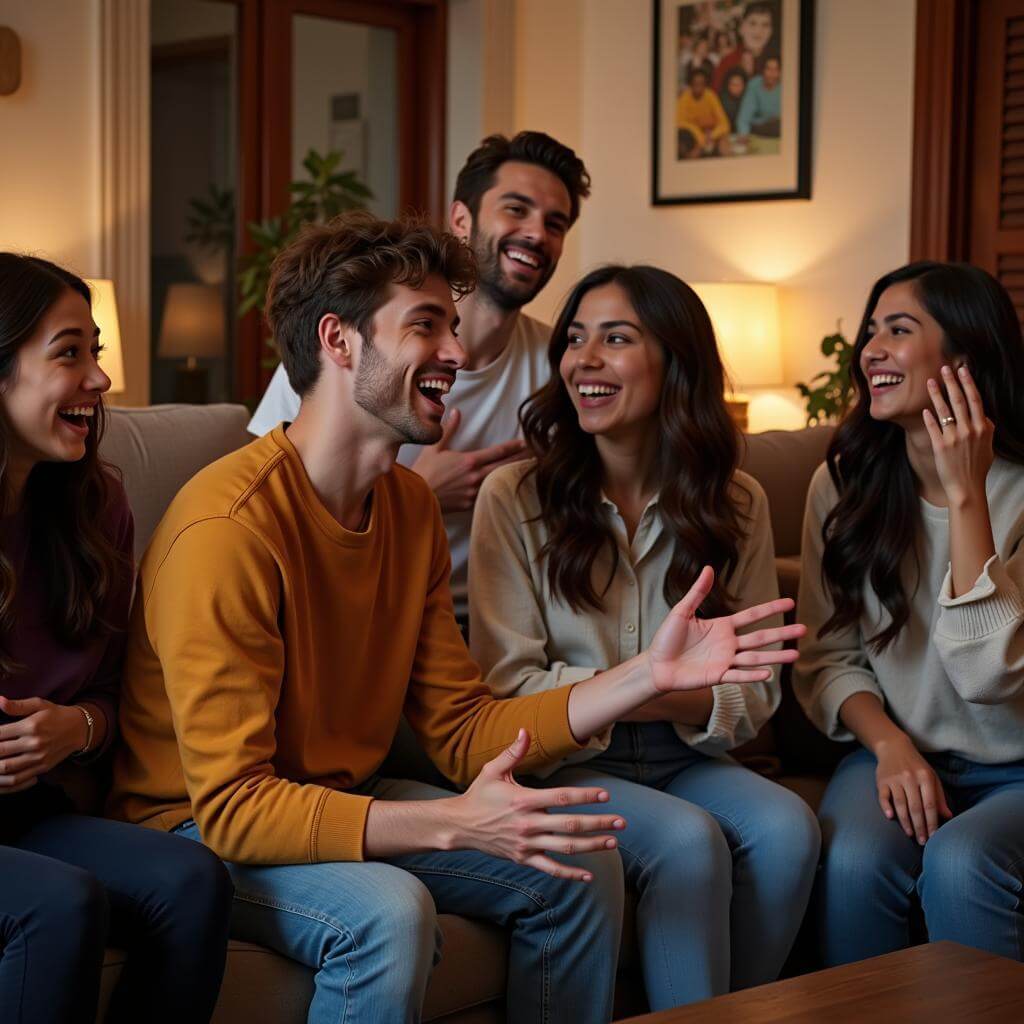 A friend telling jokes to a laughing group