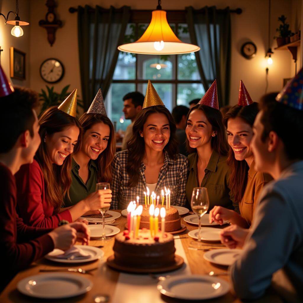 Friends celebrating a birthday party at a restaurant