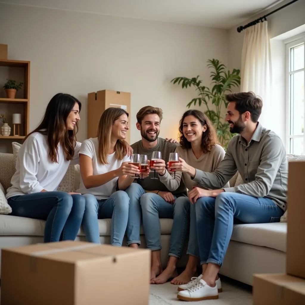 Friends celebrating successful move in new home