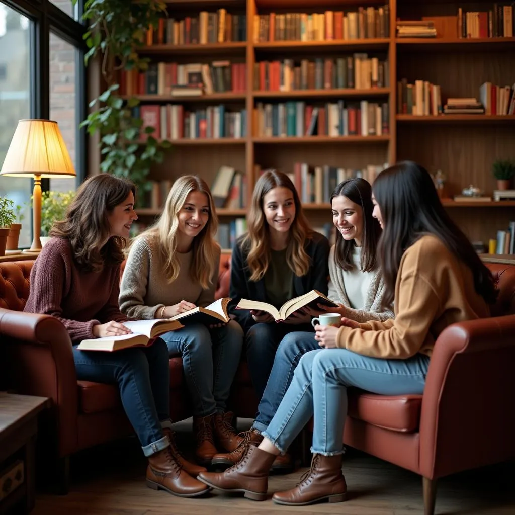 Friends discussing books in a cozy cafe