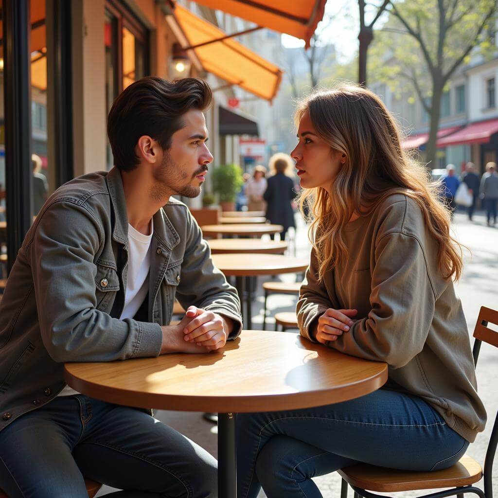 Two friends having a serious discussion at an outdoor cafe