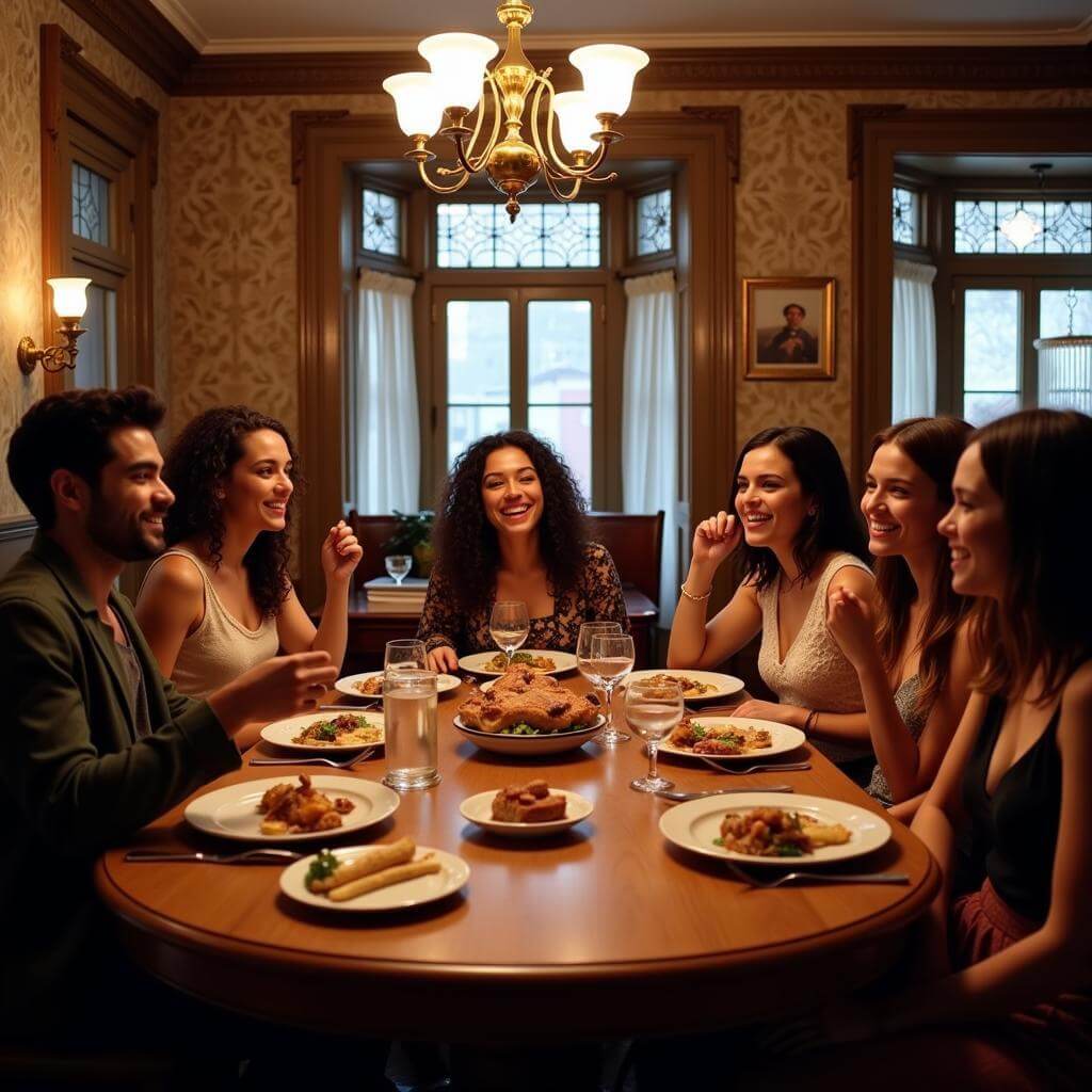 Friends enjoying dinner in a Victorian house