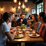 Friends enjoying a meal at a fusion restaurant