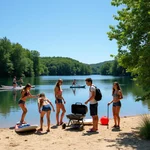 Friends enjoying outdoor activities at a lake