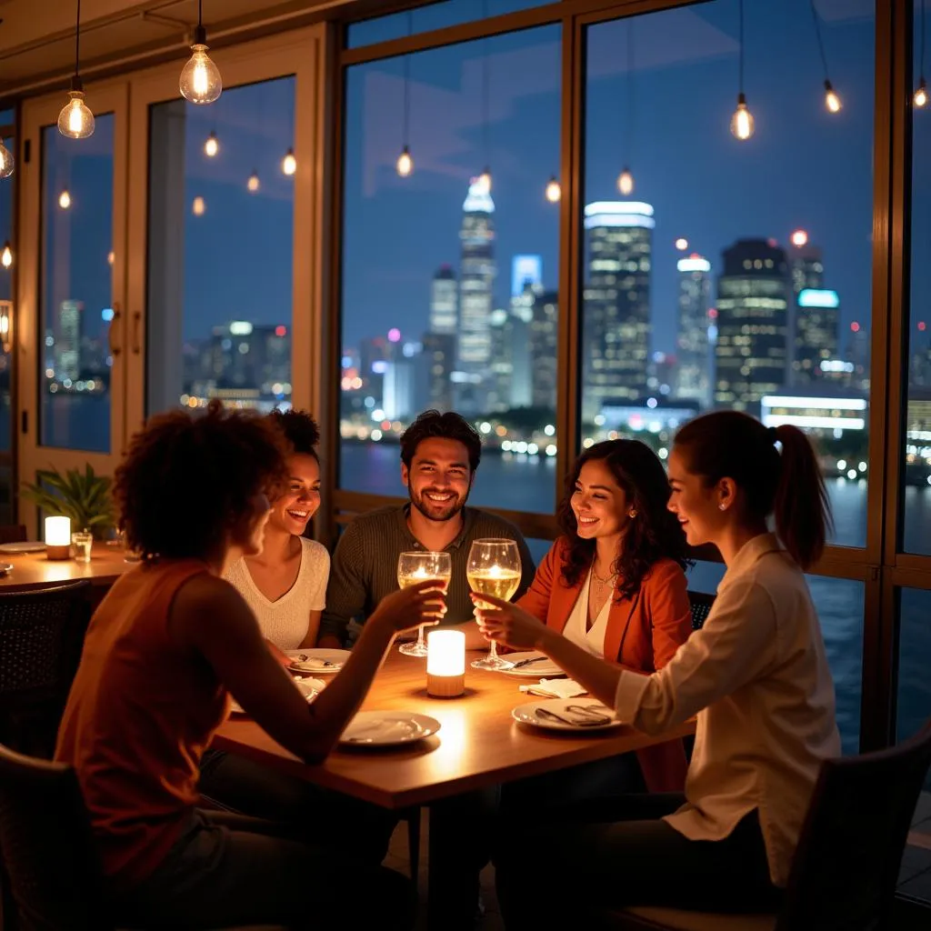 Friends enjoying rooftop dinner with Singapore skyline