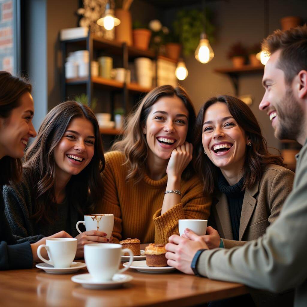 Group of friends enjoying coffee at a cafe