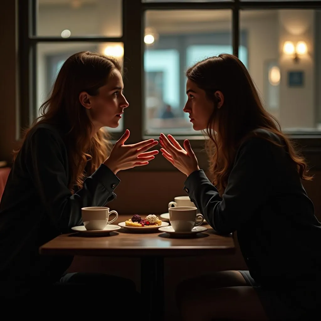 Two friends having a deep conversation in a cafe