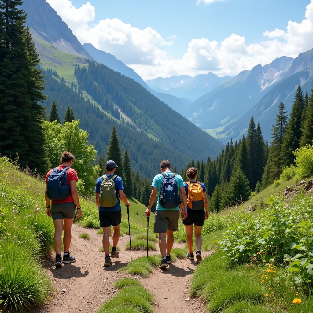 Group of friends hiking on a scenic mountain trail