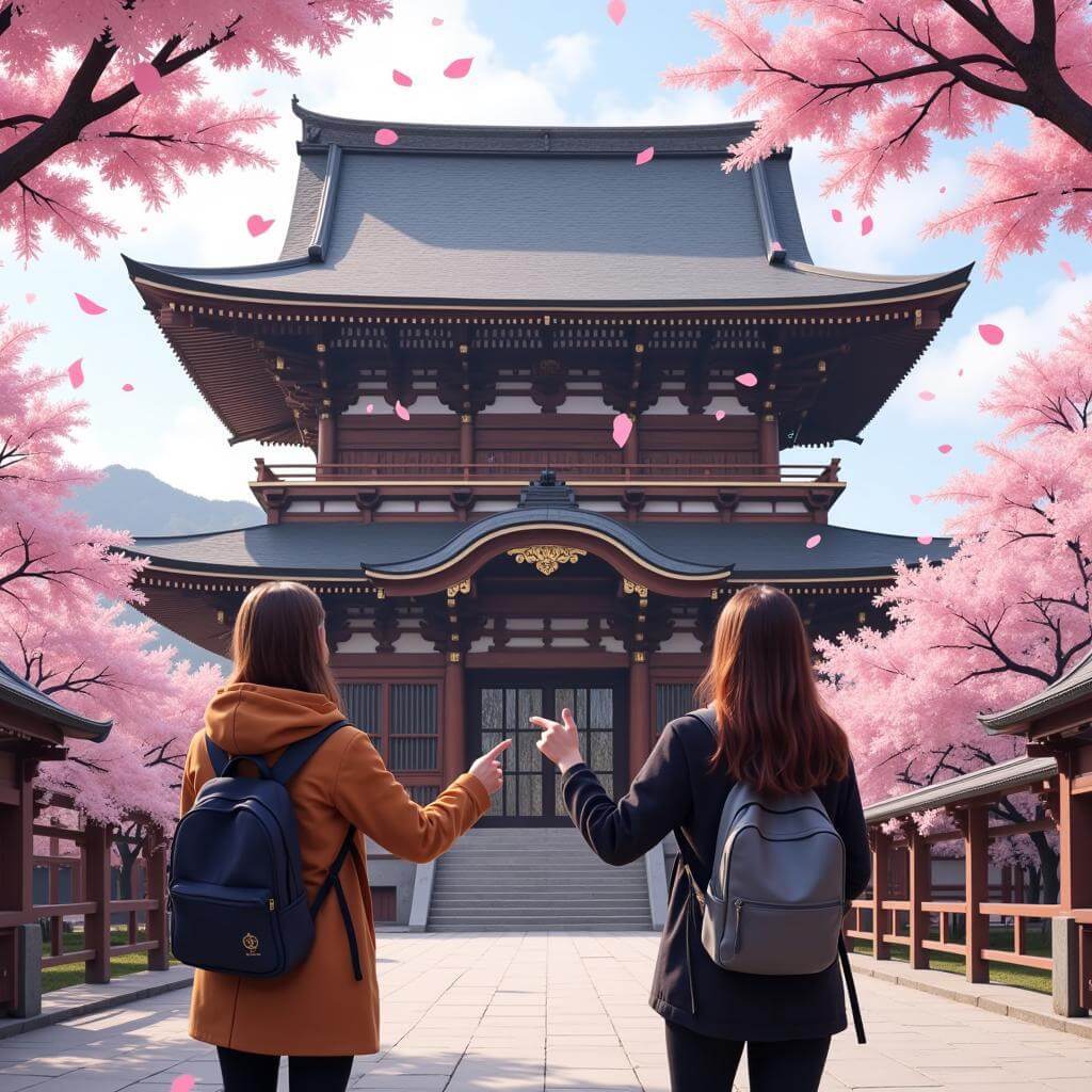 Friends marveling at an ancient temple in Kyoto