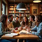 Friends enjoying coffee and conversation at The Book Nook cafe