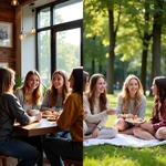 Friends meeting in a cafe and park