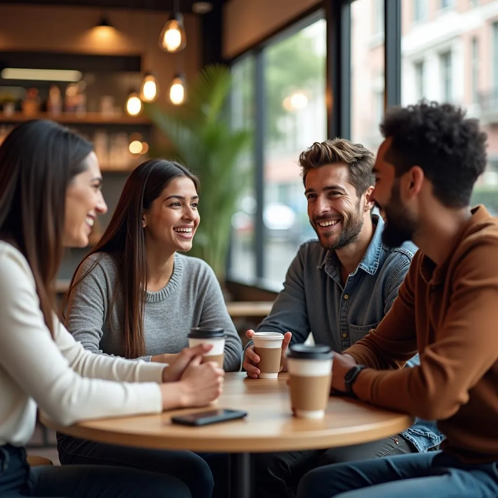 Friends meeting at a cafe in urban setting