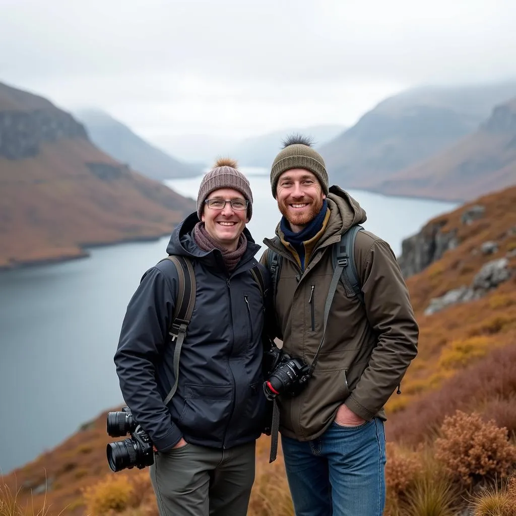 Friends on a road trip in Scottish Highlands