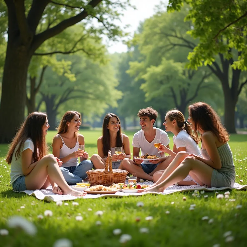 Friends enjoying an outdoor picnic in a park setting