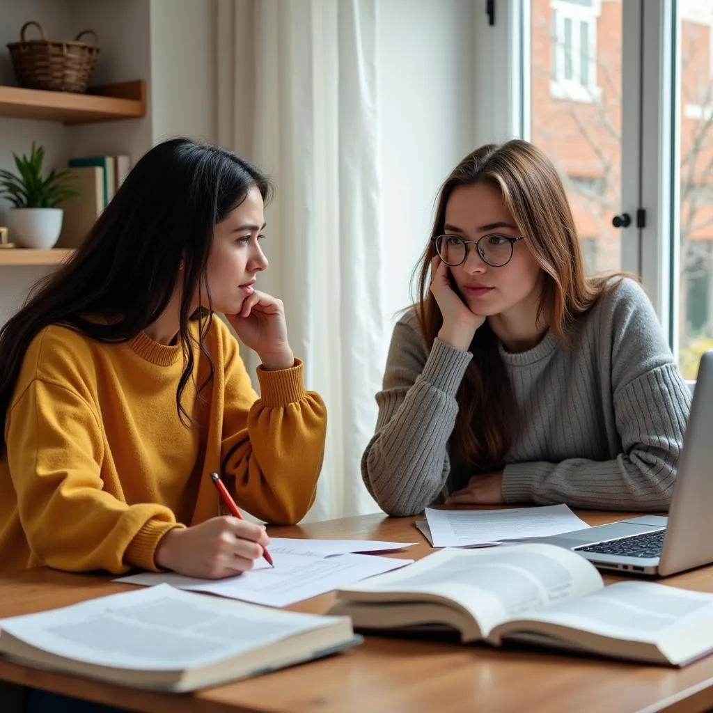 Two friends studying together, one helping the other with a challenging research paper.