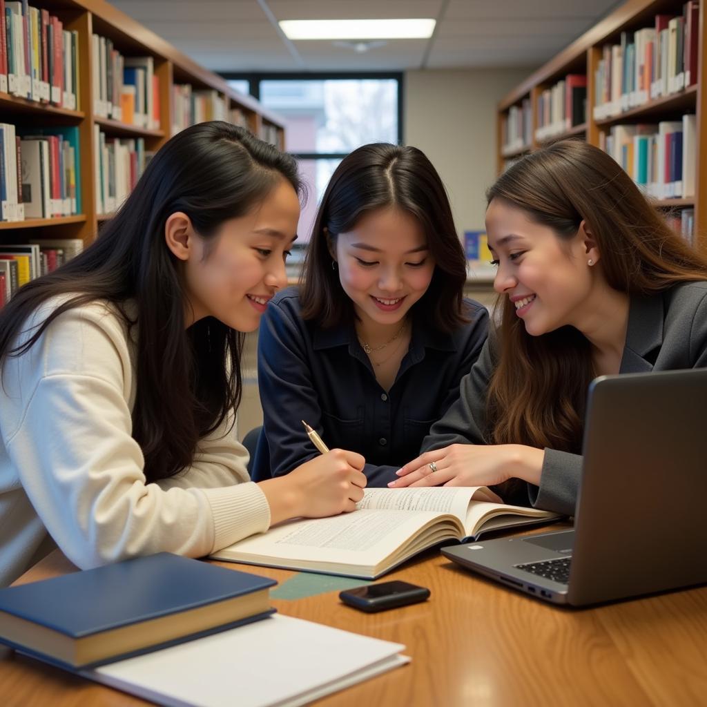 Friends studying together in library