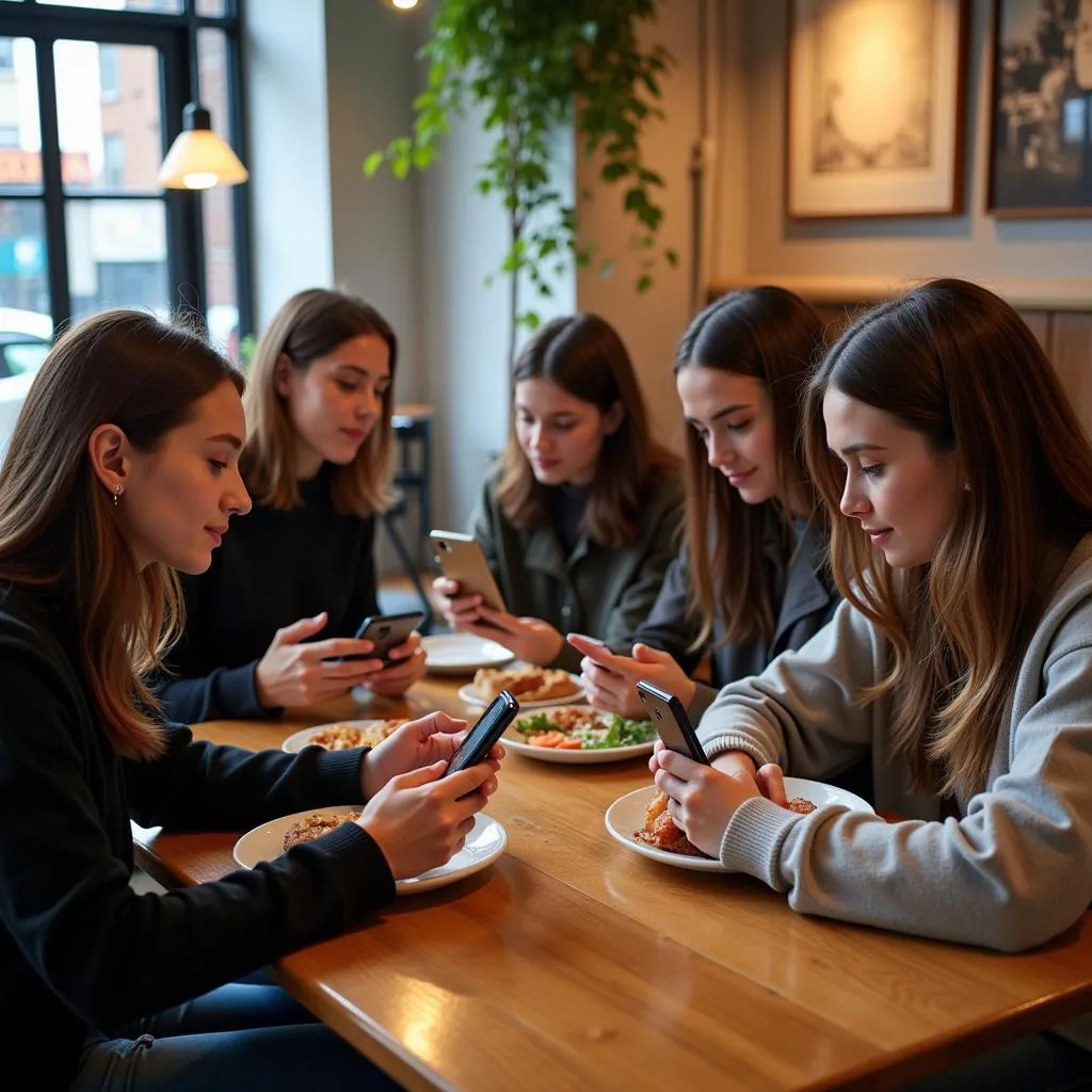 Friends using smartphones at cafe table