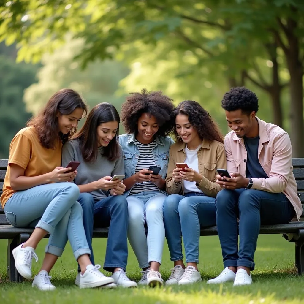 Friends using smartphones in a park