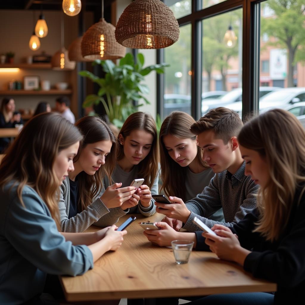 Friends using smartphones at a social gathering