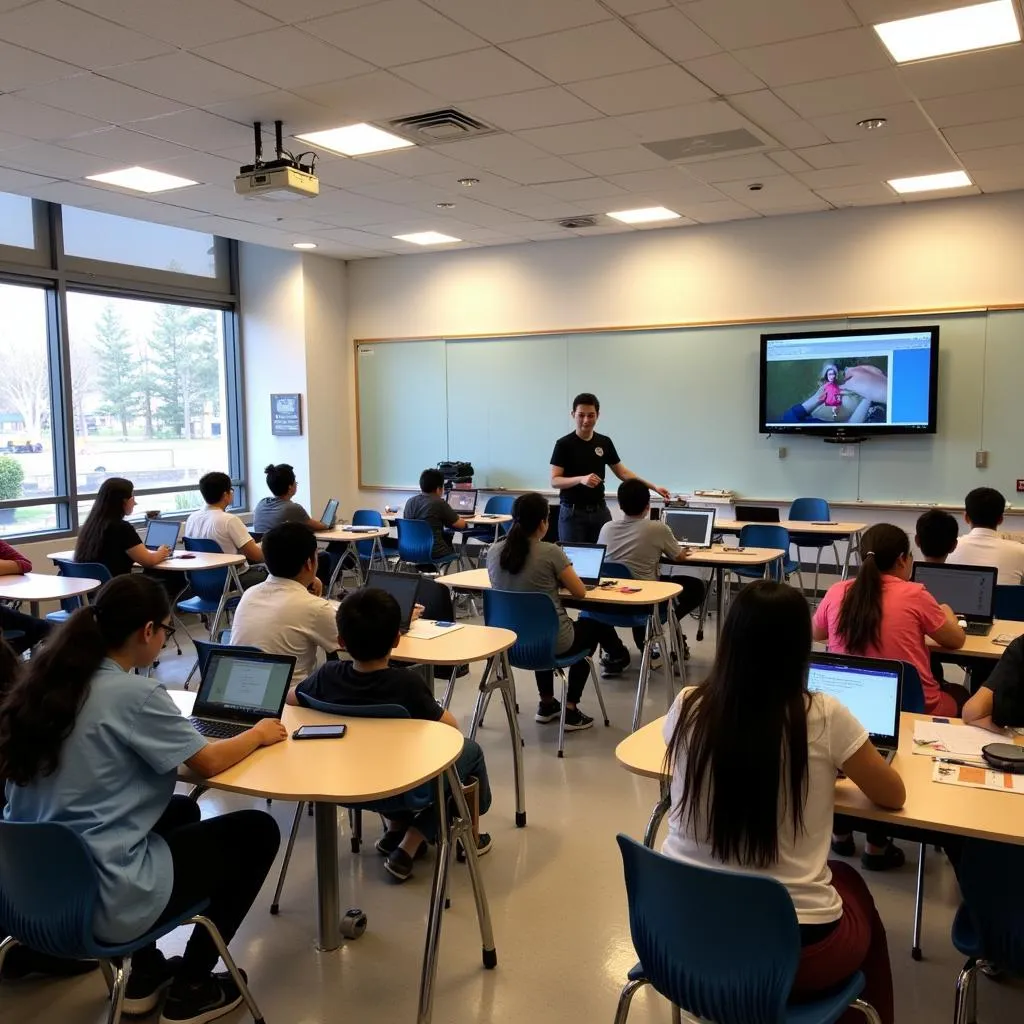 Futuristic classroom with blended learning setup