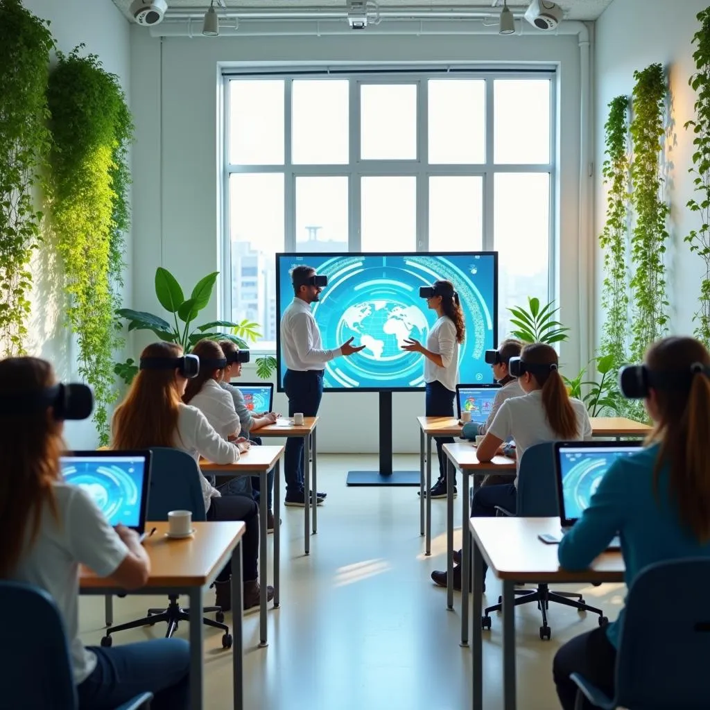 Students using virtual reality headsets in a futuristic classroom