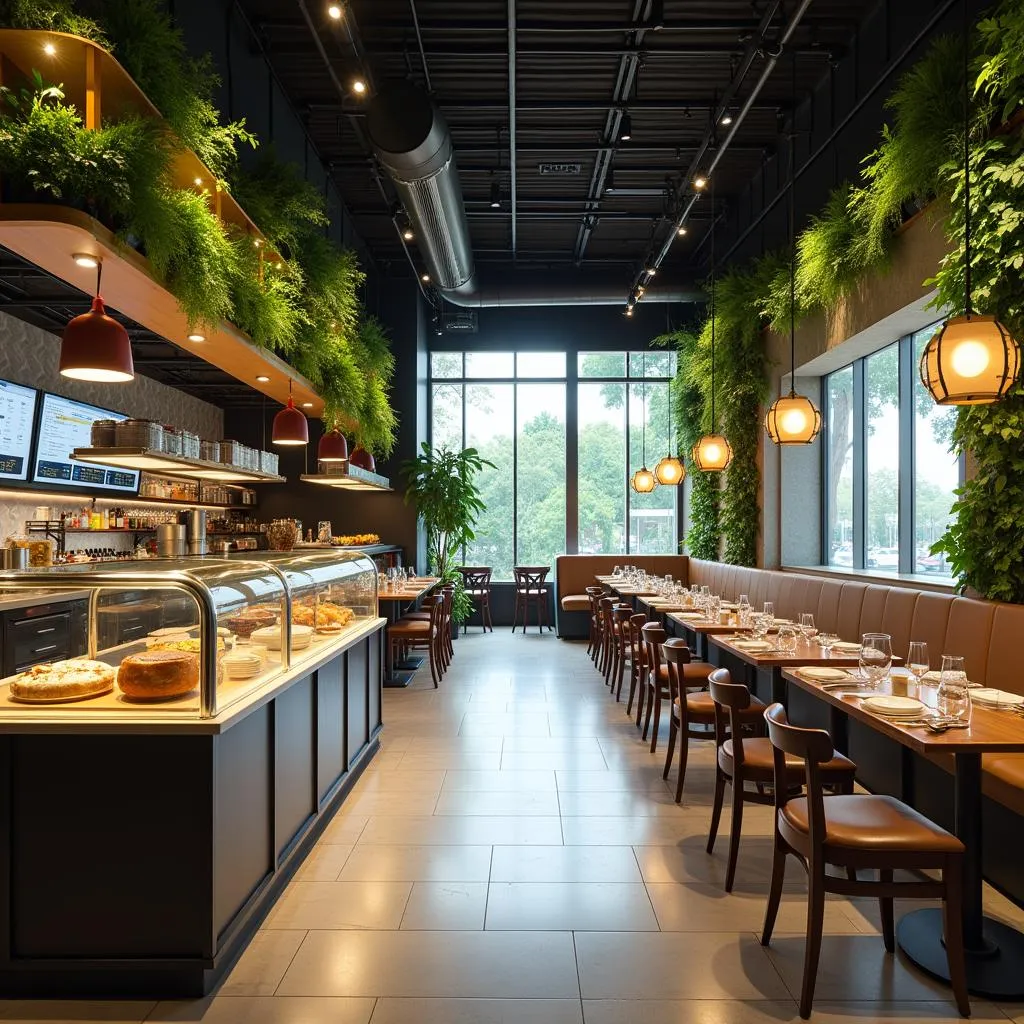 Futuristic restaurant with advanced technology and sustainable practices