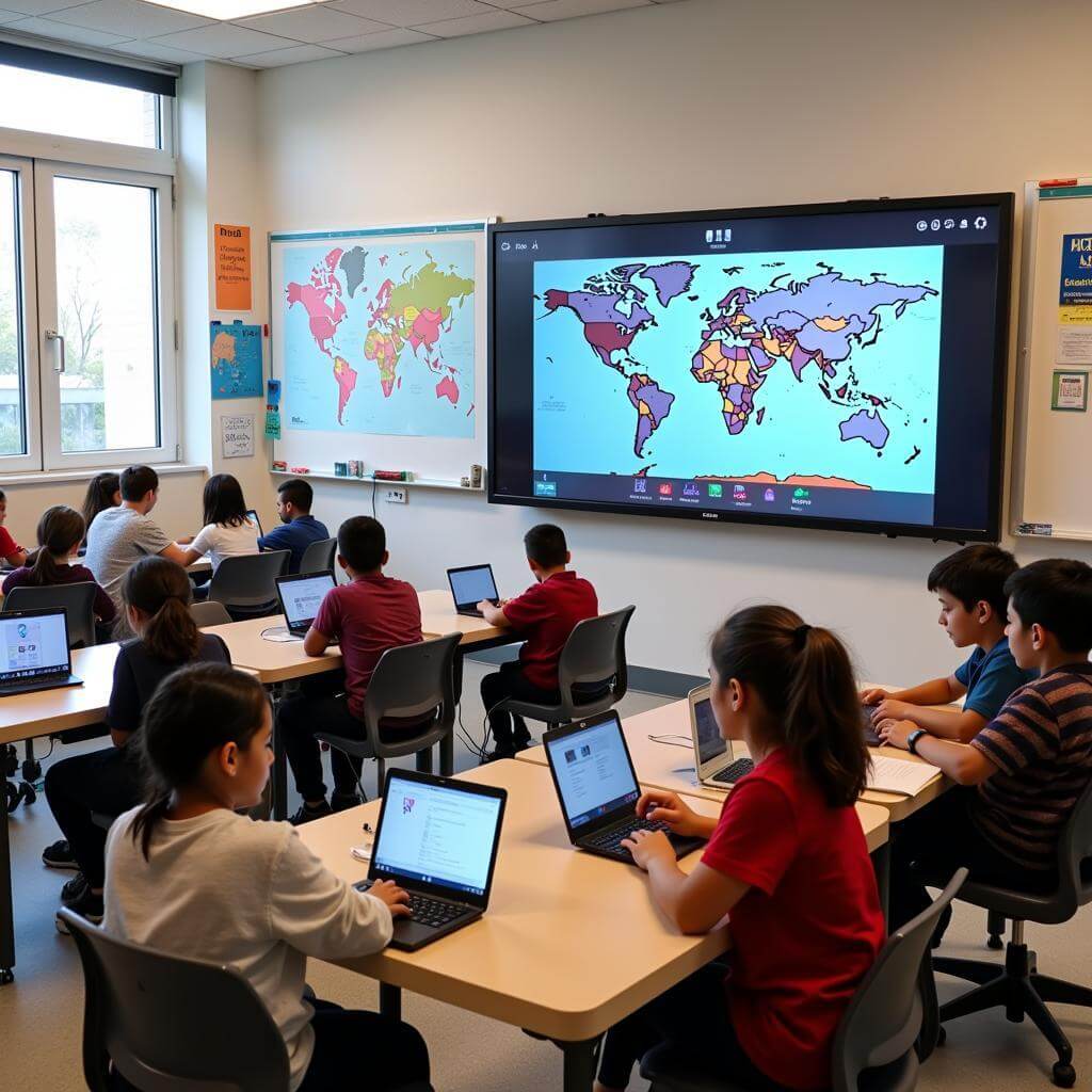 Global collaborative learning classroom with technology