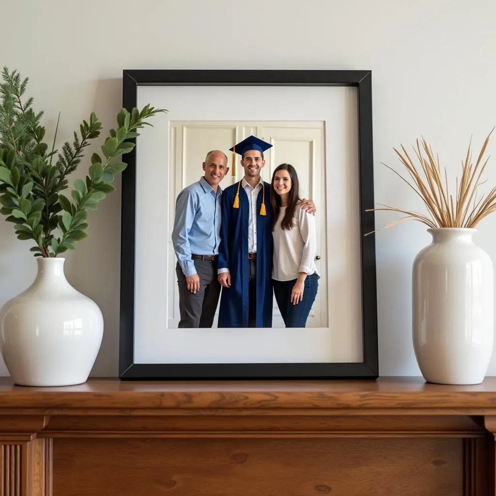 Family portrait from graduation day on mantelpiece