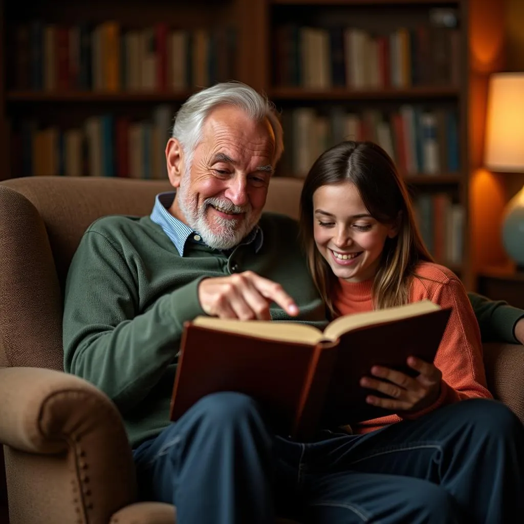 Grandfather and granddaughter reading a book together