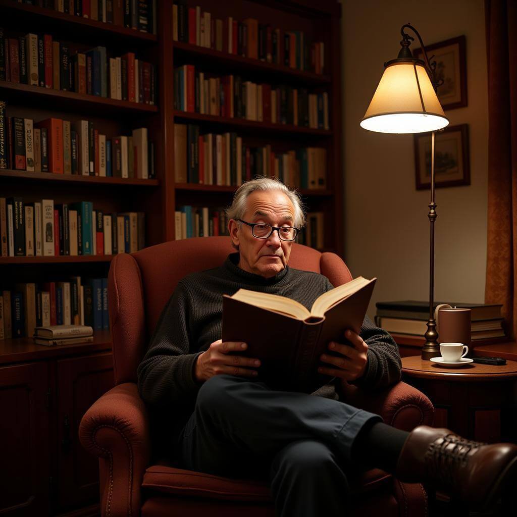 Elderly man enjoying a book in his personal library