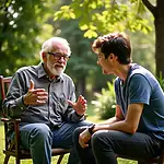 Grandfather sharing wartime experiences in the garden