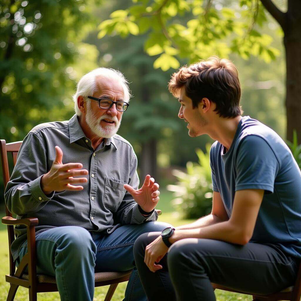 Grandfather sharing wartime experiences in the garden