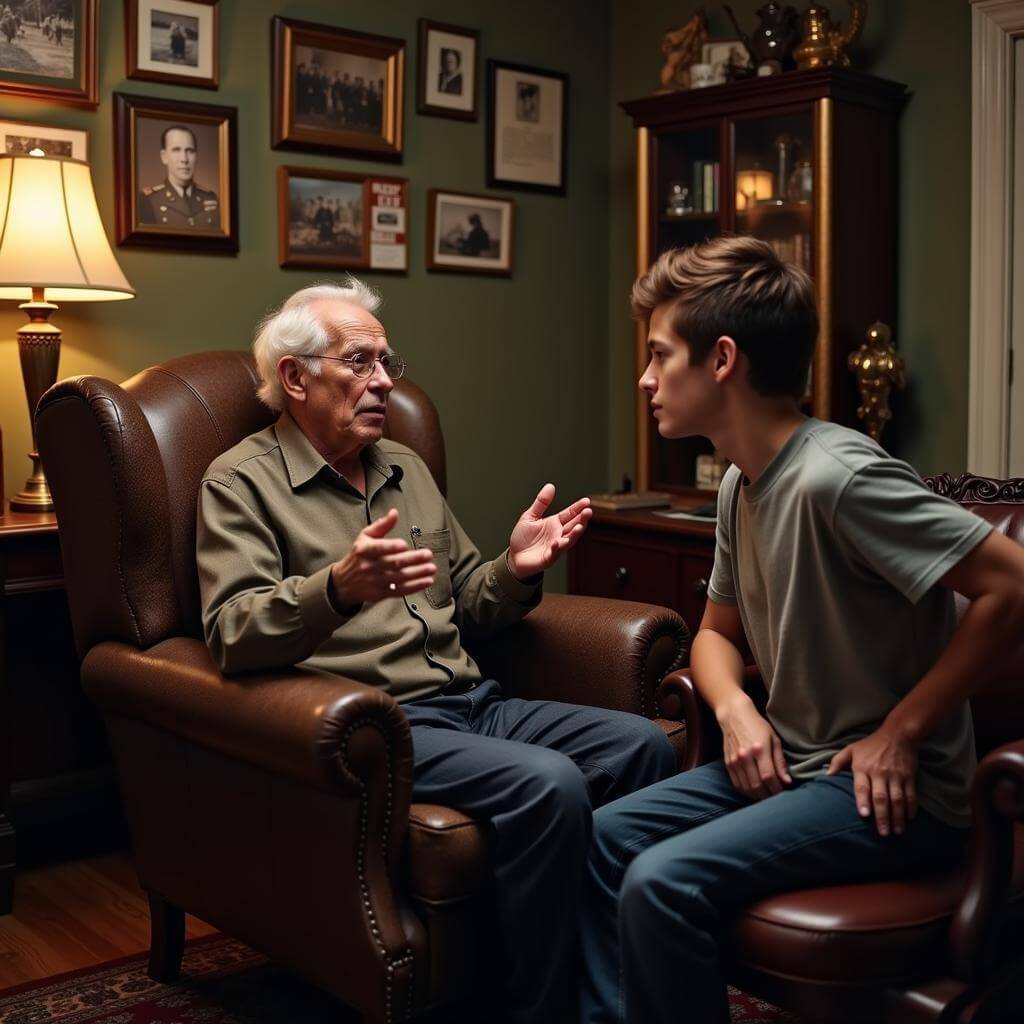 Elderly man sharing wartime memories with grandson