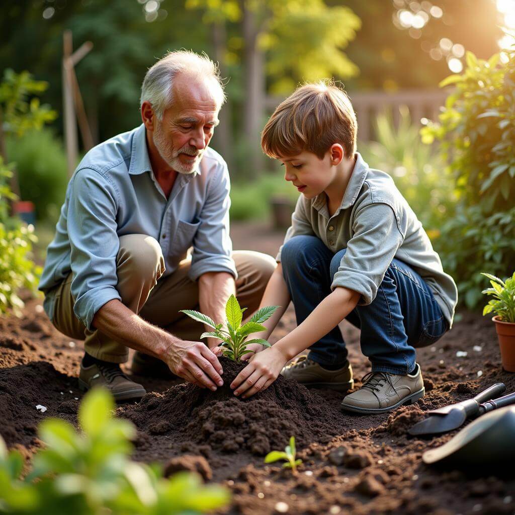 Elderly man showing grandson how to plant seedlings