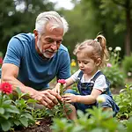 Grandfather teaching patience in garden