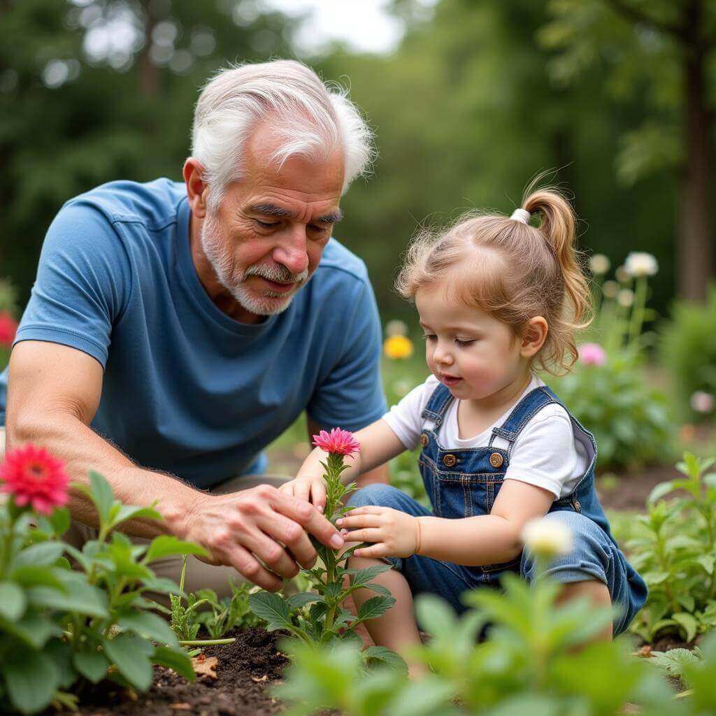 Grandfather teaching patience in garden