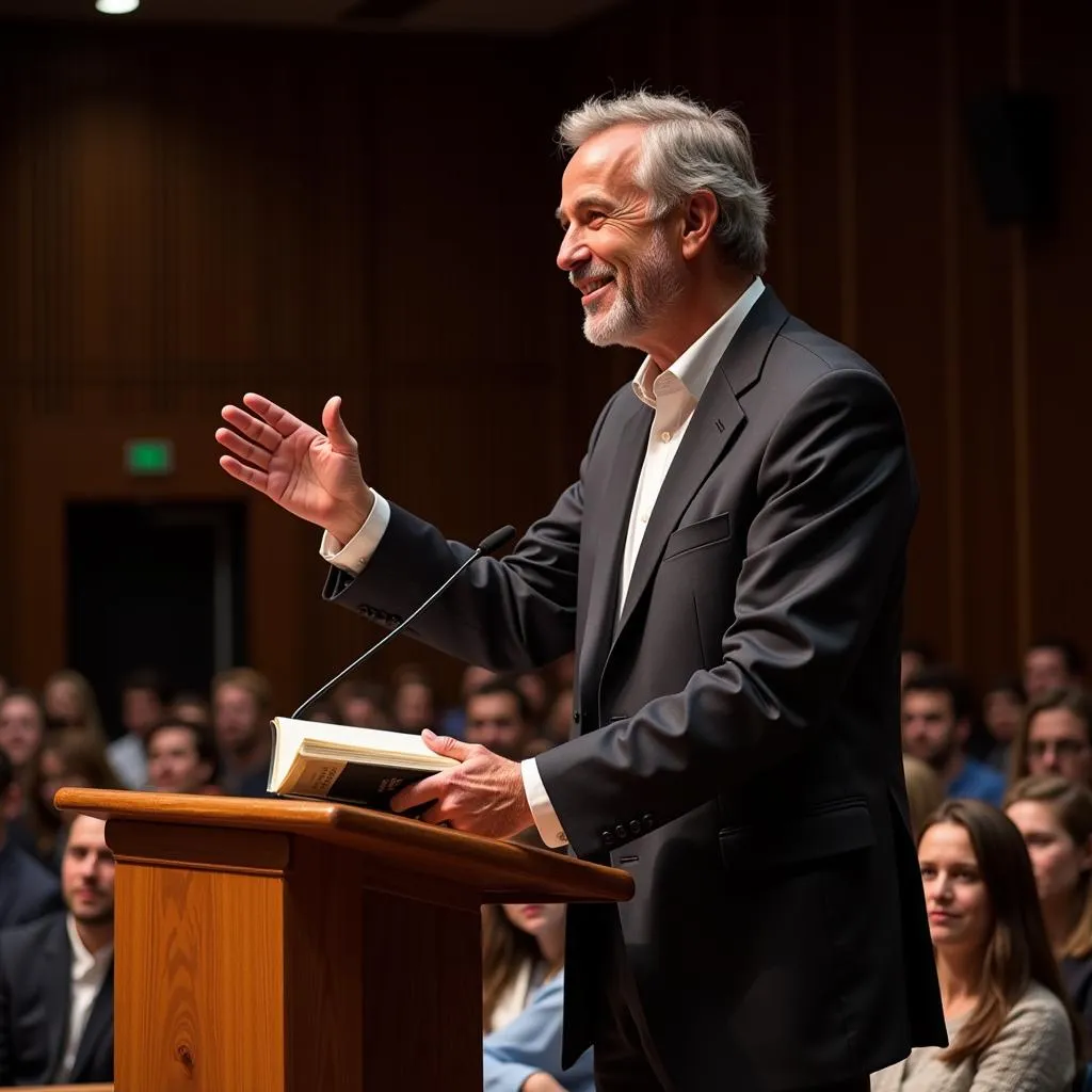 Grandfather giving a university lecture