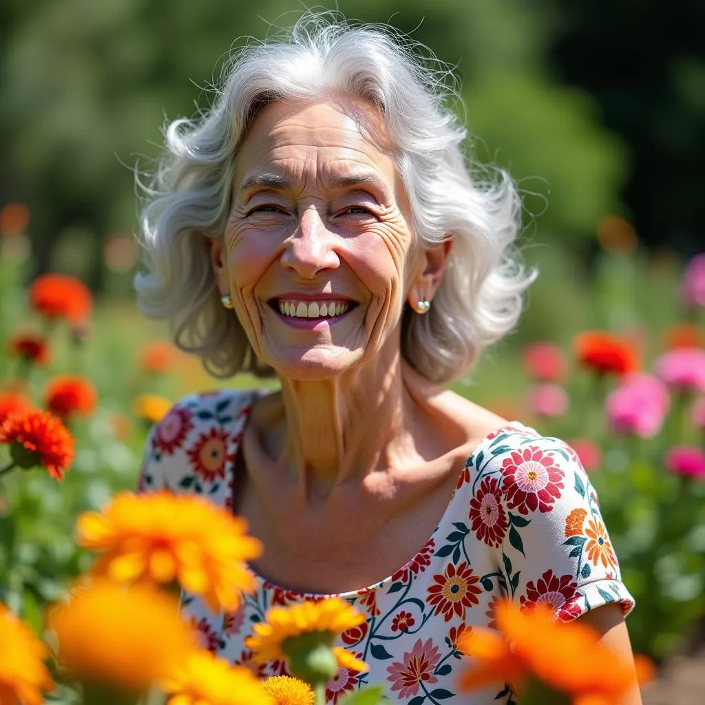 Grandmother's 80th birthday in garden with flowers