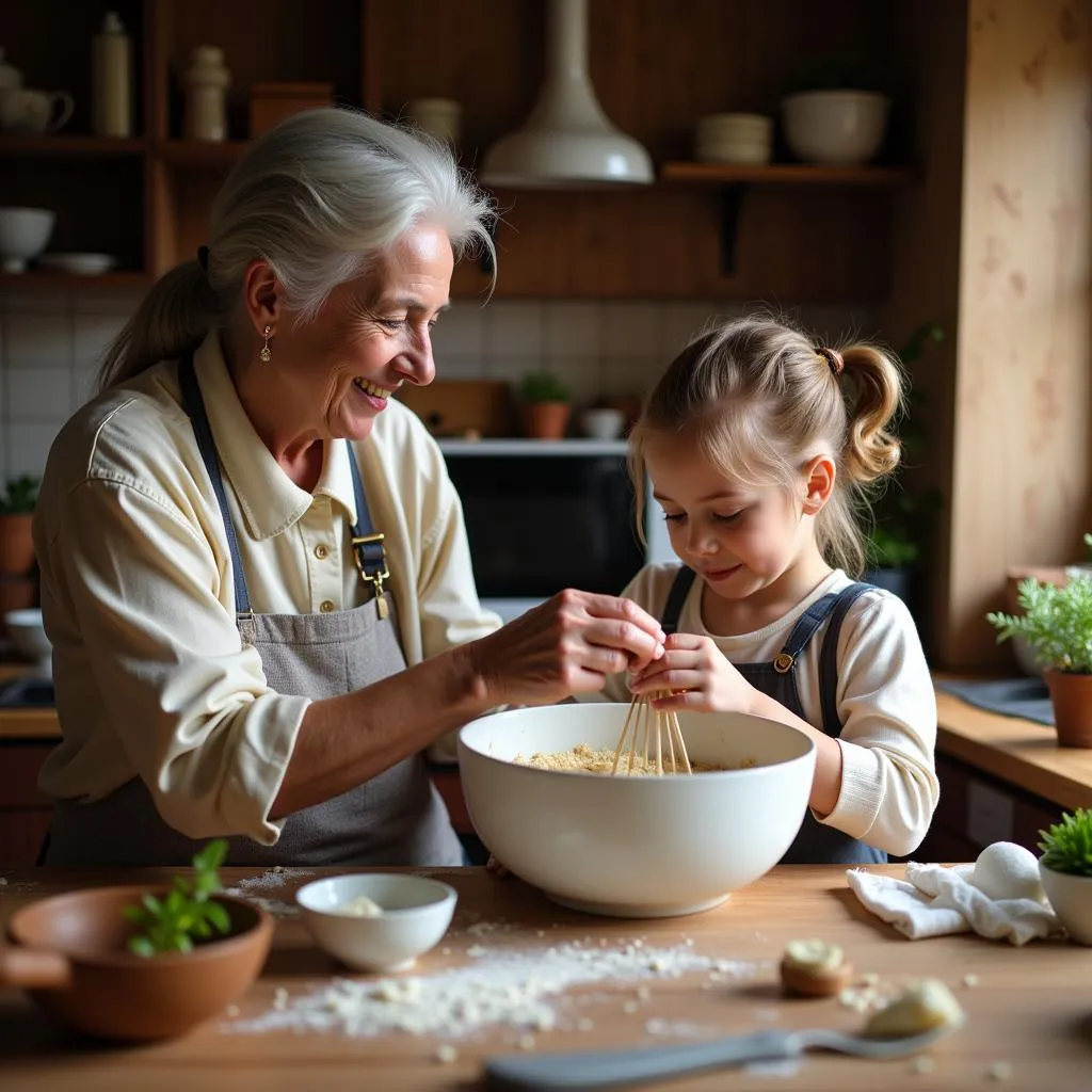 Grandmother teaching baking skill to grandchild