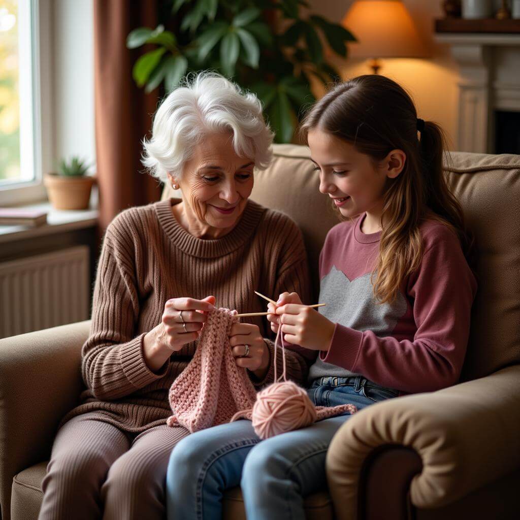 Grandmother teaching knitting as a patience lesson